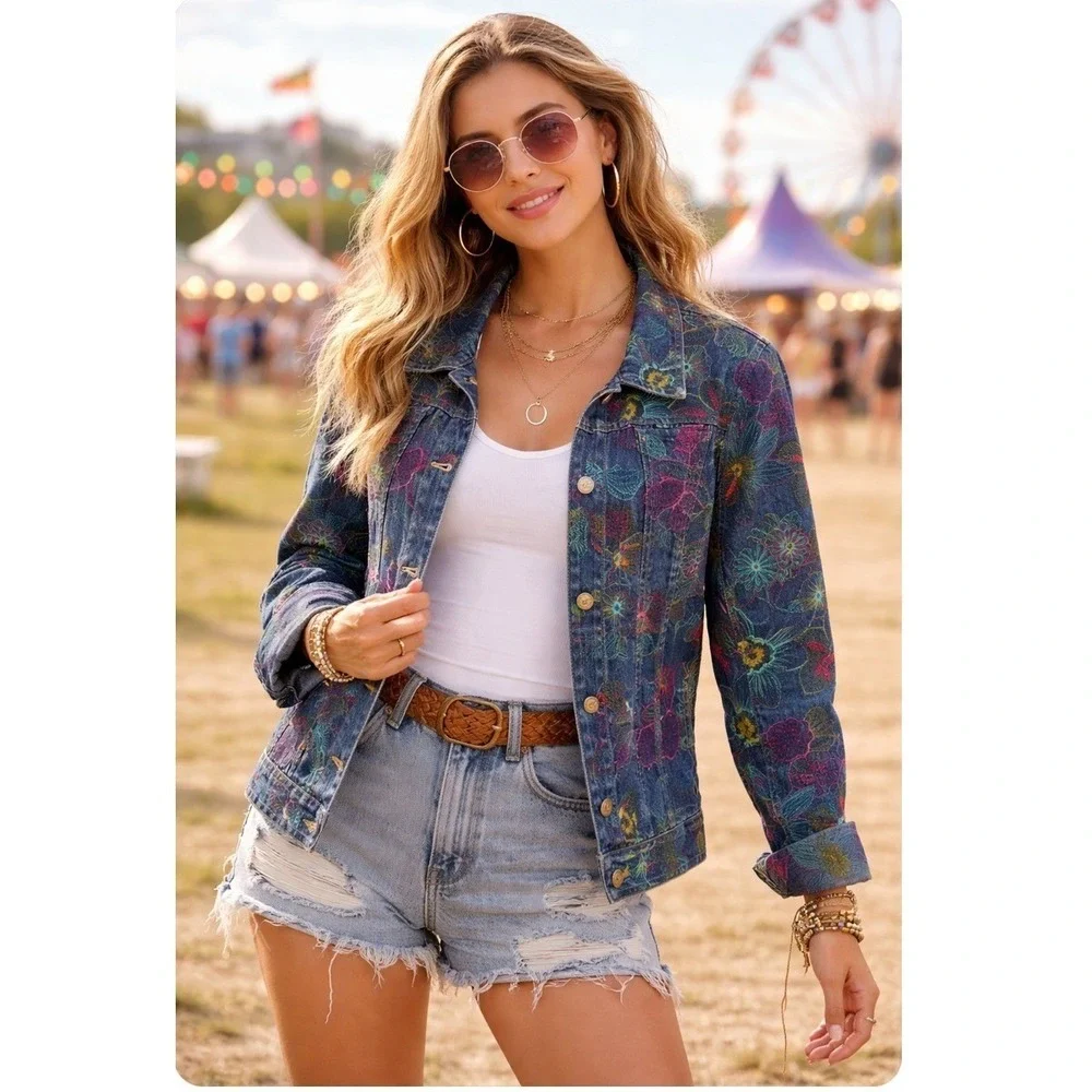 Boho Floral Embroidered Denim Jacket M Hippie Festival Maximalist Artsy Colorful